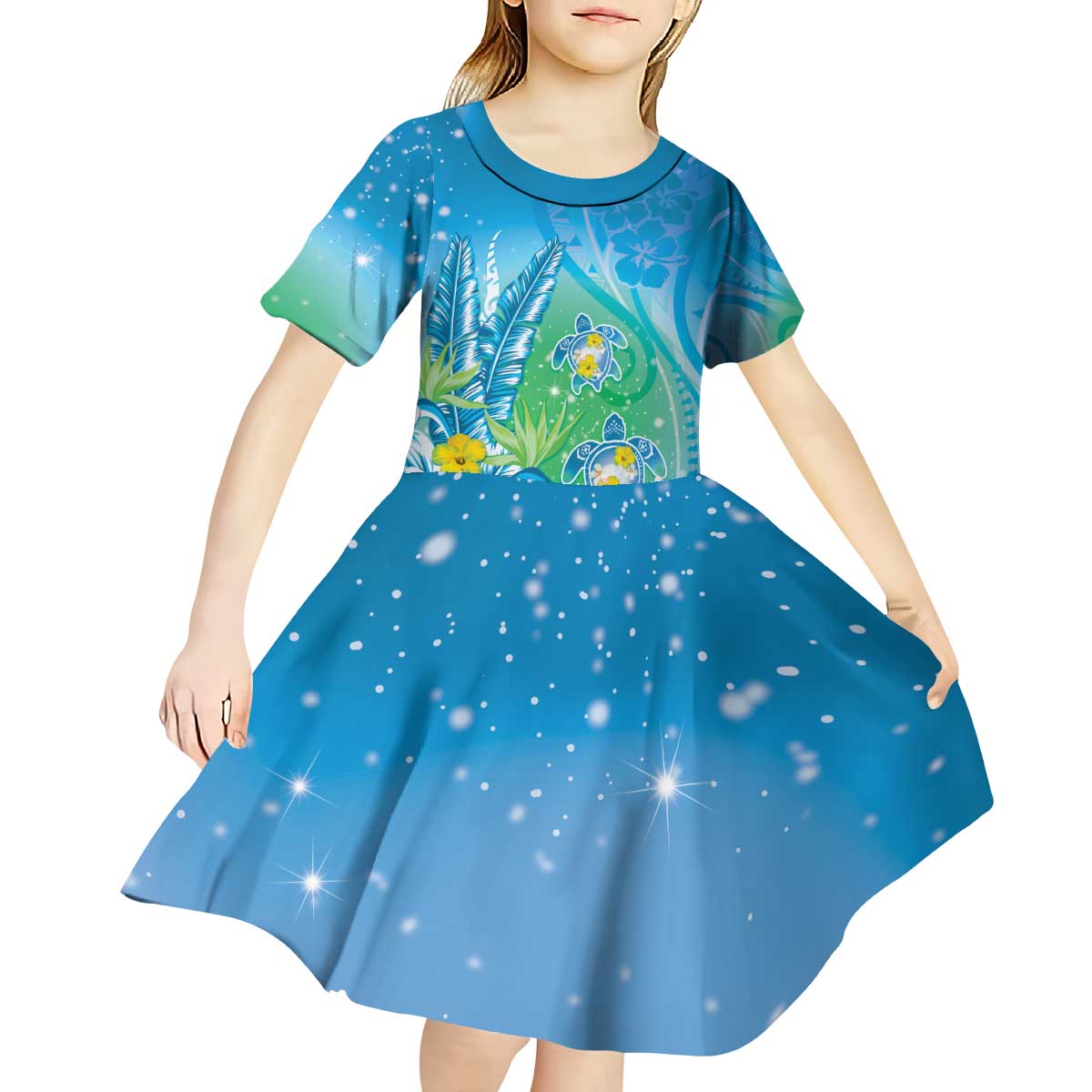 Hawaii Honu Kid Short Sleeve Dress Tropical Flowers Blue Gradient LT05 - Polynesian Pride