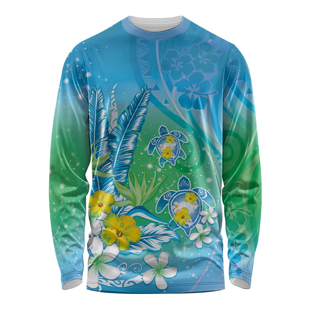 Hawaii Honu Long Sleeve Shirt - Tropical Flowers Blue Gradient LT05 Unisex Blue - Polynesian Pride