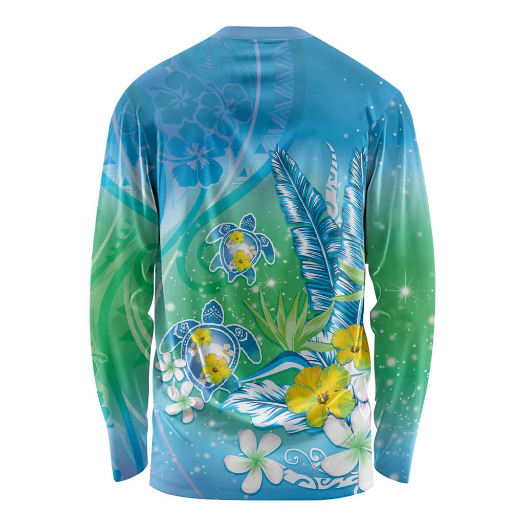 Hawaii Honu Long Sleeve Shirt - Tropical Flowers Blue Gradient LT05 - Polynesian Pride