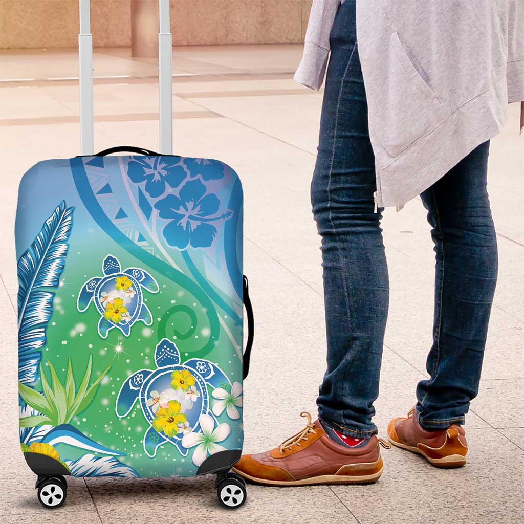 Hawaii Honu Luggage Cover Tropical Flowers Blue Gradient LT05 Blue - Polynesian Pride