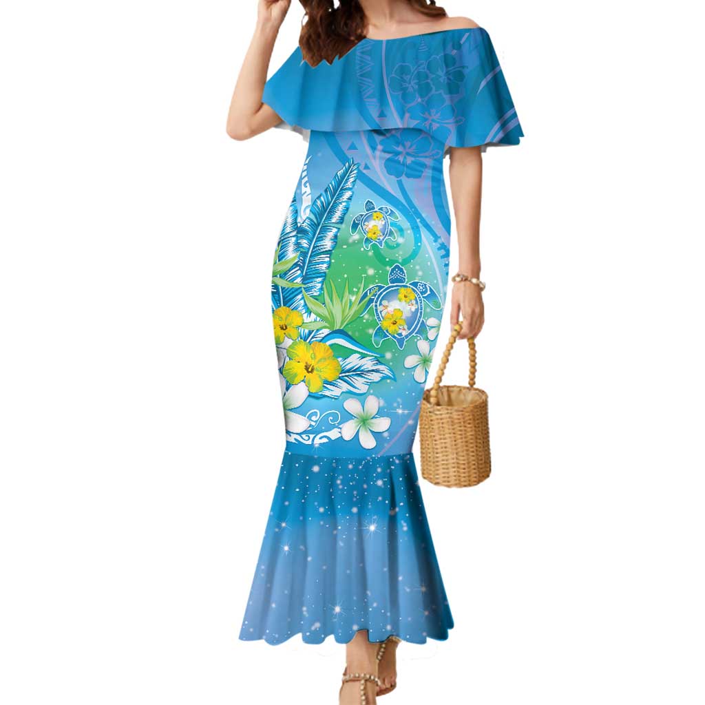 Hawaii Honu Mermaid Dress Tropical Flowers Blue Gradient LT05 Women Blue - Polynesian Pride