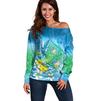 Hawaii Honu Off Shoulder Sweater Tropical Flowers Blue Gradient LT05 Women Blue - Polynesian Pride