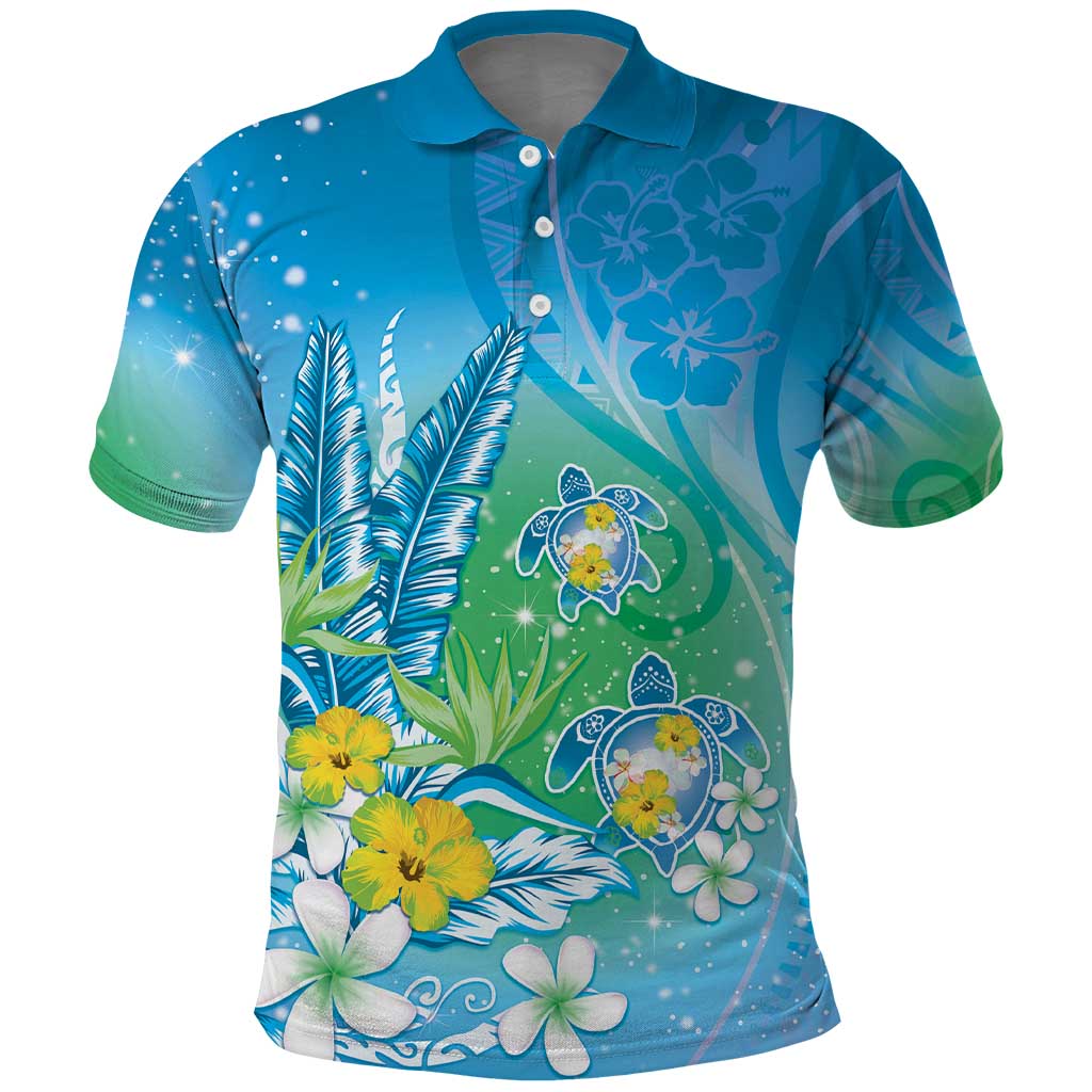 Hawaii Honu Polo Shirt Tropical Flowers Blue Gradient LT05 Blue - Polynesian Pride
