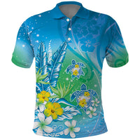 Hawaii Honu Polo Shirt Tropical Flowers Blue Gradient LT05 Blue - Polynesian Pride