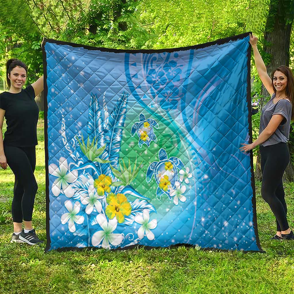 Hawaii Honu Quilt - Tropical Flowers Blue Gradient LT05 - Polynesian Pride