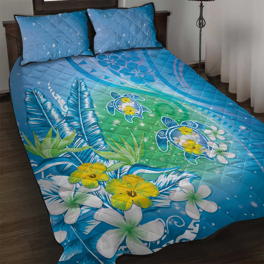 Hawaii Honu Quilt Bed Set Tropical Flowers Blue Gradient LT05 Blue - Polynesian Pride