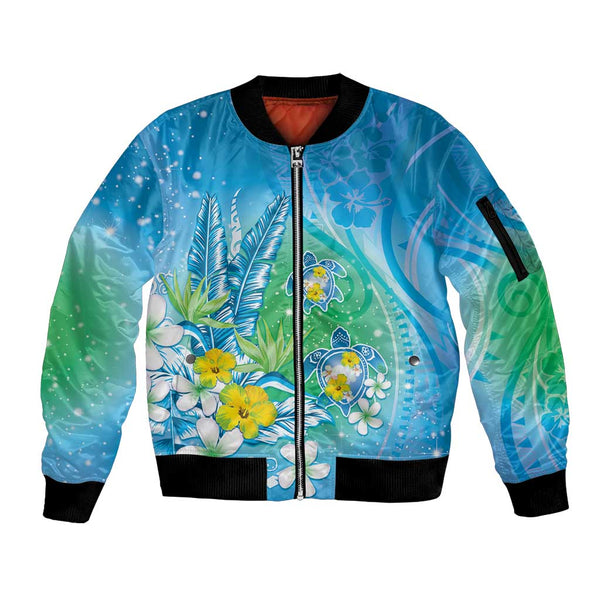 タ*３様  HAWAIIAN POOL SERVICEワークジャケット Hawaii Honu Sleeve Zip Bomber Jacket - Tropical Flowers Blue