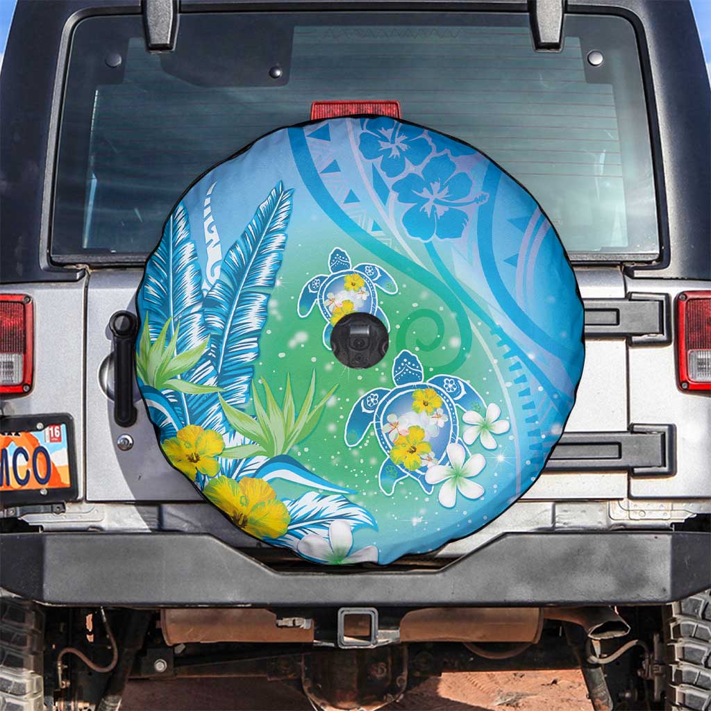 Hawaii Honu Spare Tire Cover Tropical Flowers Blue Gradient