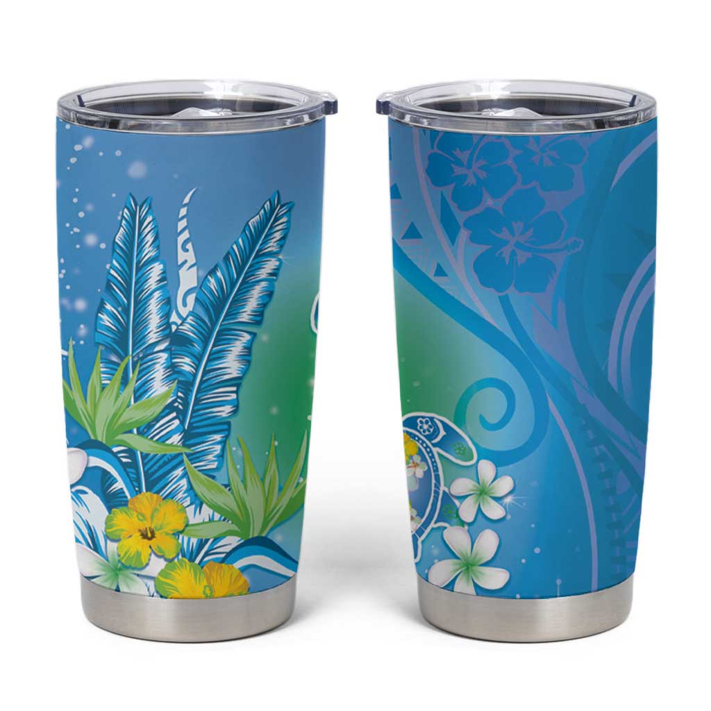 Hawaii Honu Tumbler Cup Tropical Flowers Blue Gradient LT05 Blue - Polynesian Pride