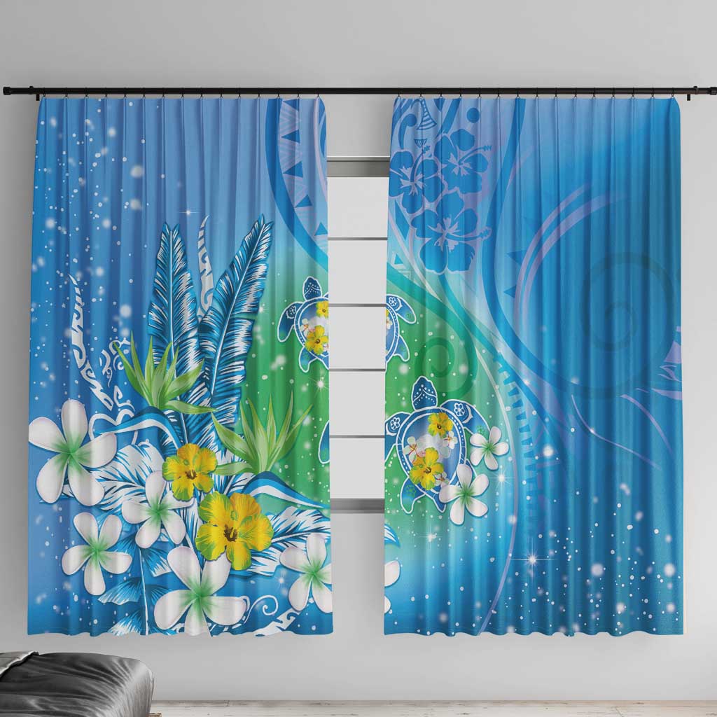 Hawaii Honu Window Curtain Tropical Flowers Blue Gradient LT05 With Hooks Blue - Polynesian Pride