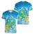 Hawaii Honu Women V-Neck T-Shirt Tropical Flowers Blue Gradient