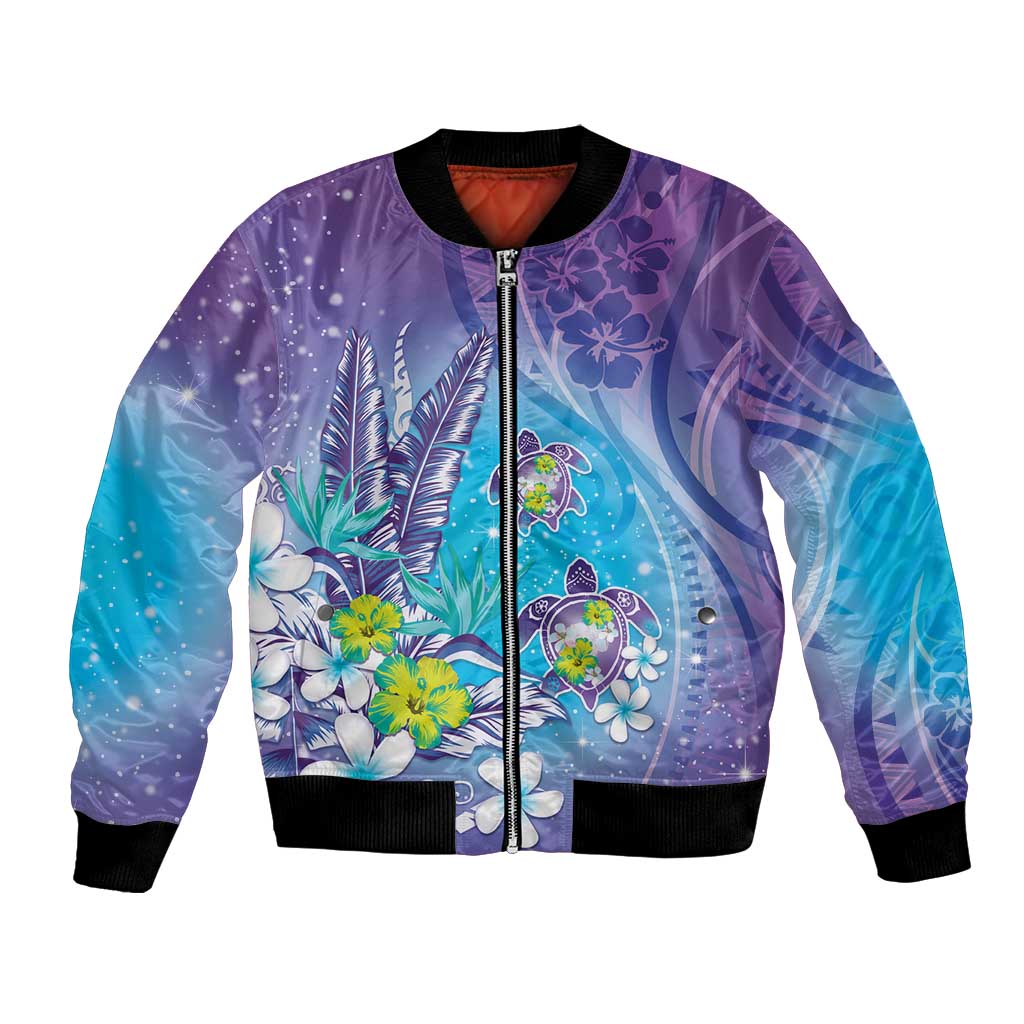 Hawaii Honu Bomber Jacket - Tropical Flowers Purple Gradient LT05 Unisex Purple - Polynesian Pride