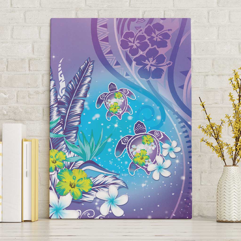 Hawaii Honu Canvas Wall Art Tropical Flowers Purple Gradient