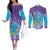 Hawaii Honu Couples Matching Off The Shoulder Long Sleeve Dress and Long Sleeve Button Shirt Tropical Flowers Purple Gradient