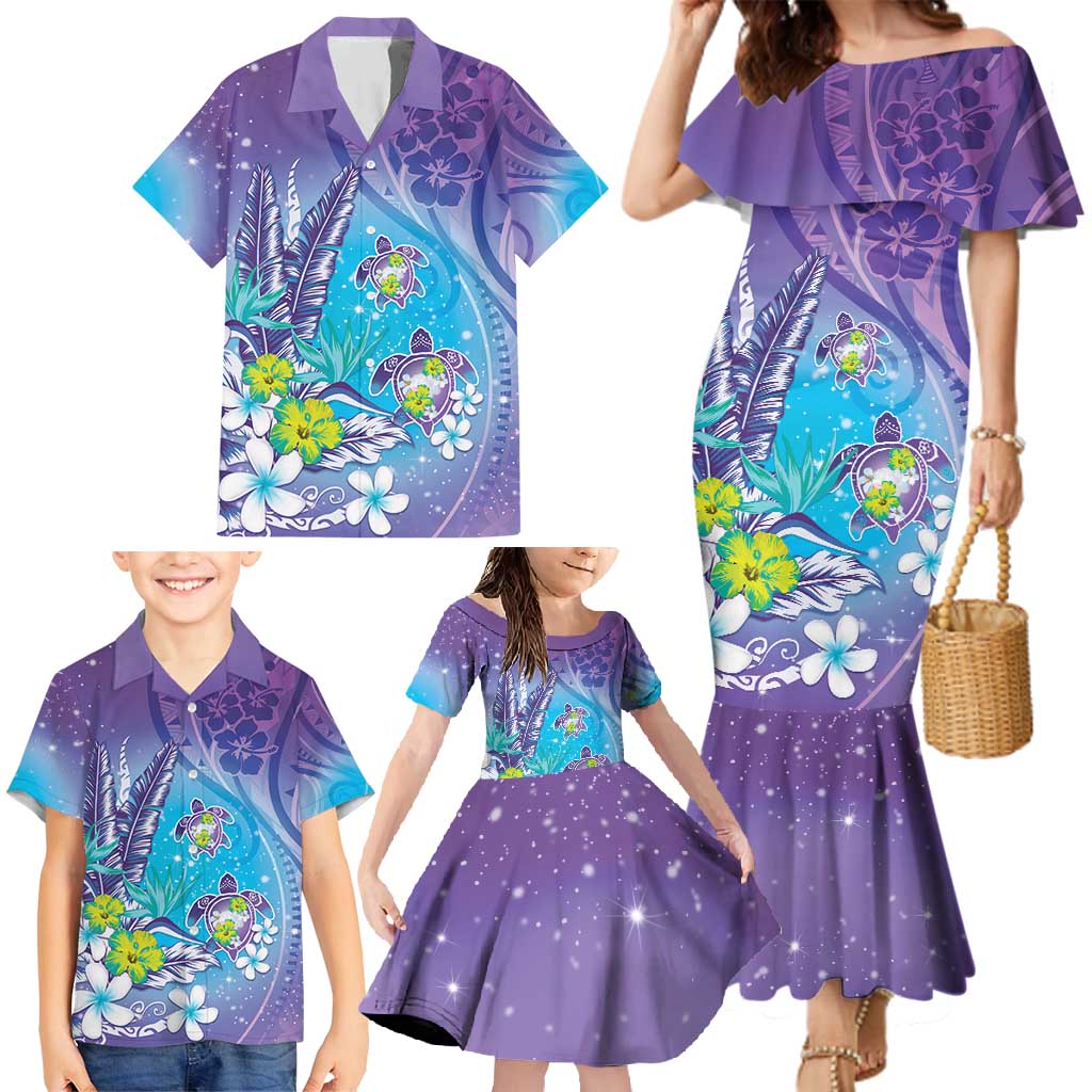 Hawaii Honu Family Matching Mermaid Dress and Hawaiian Shirt Tropical Flowers Purple Gradient