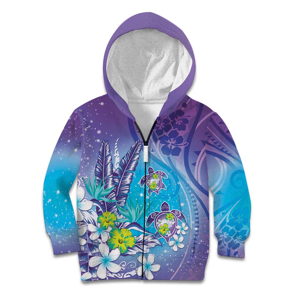 Hawaii Honu Kid Hoodie Tropical Flowers Purple Gradient LT05 Zip Hoodie Purple - Polynesian Pride