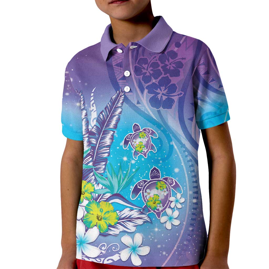 Hawaii Honu Kid Polo Shirt Tropical Flowers Purple Gradient LT05 Kid Purple - Polynesian Pride