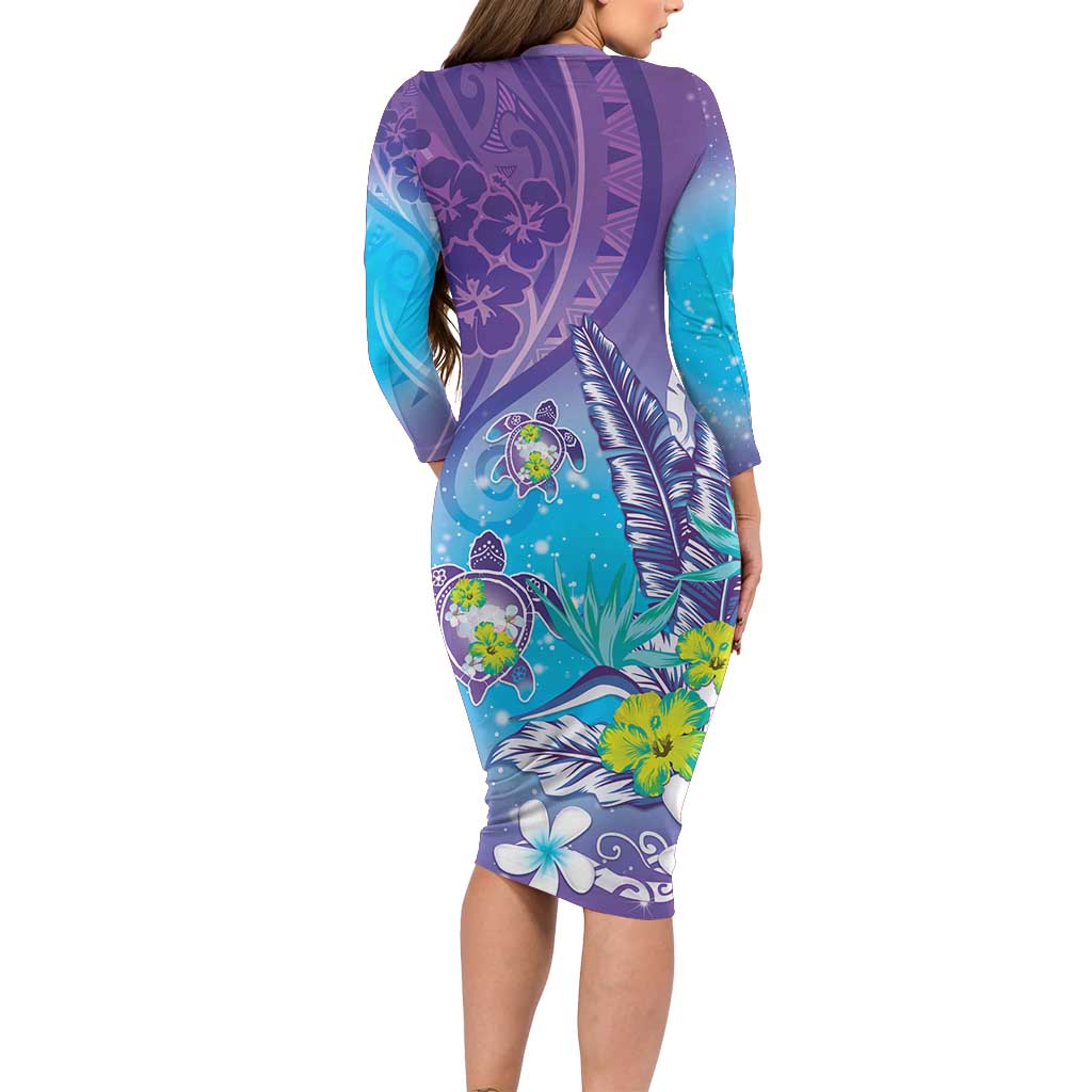 Hawaii Honu Long Sleeve Bodycon Dress Tropical Flowers Purple Gradient LT05 - Polynesian Pride