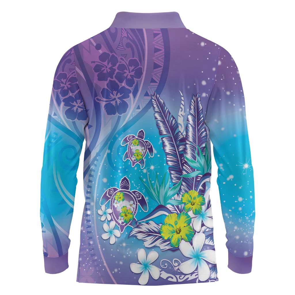 Hawaii Honu Long Sleeve Polo Shirt Tropical Flowers Purple Gradient LT05 - Polynesian Pride