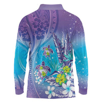Hawaii Honu Long Sleeve Polo Shirt Tropical Flowers Purple Gradient LT05 - Polynesian Pride