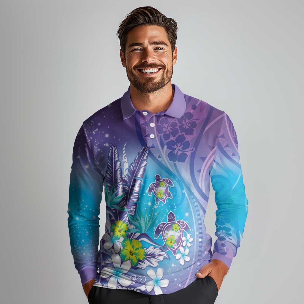 Hawaii Honu Long Sleeve Polo Shirt Tropical Flowers Purple Gradient LT05 - Polynesian Pride