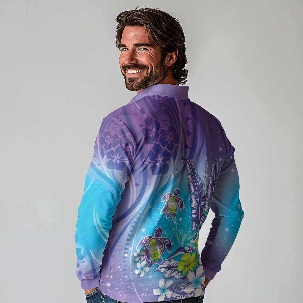 Hawaii Honu Long Sleeve Polo Shirt Tropical Flowers Purple Gradient LT05 - Polynesian Pride