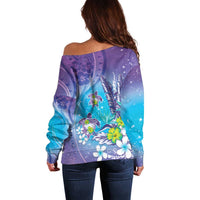 Hawaii Honu Off Shoulder Sweater Tropical Flowers Purple Gradient LT05 - Polynesian Pride
