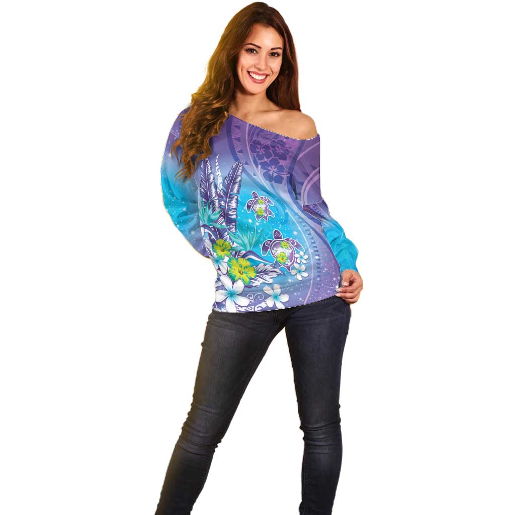 Hawaii Honu Off Shoulder Sweater Tropical Flowers Purple Gradient LT05 - Polynesian Pride