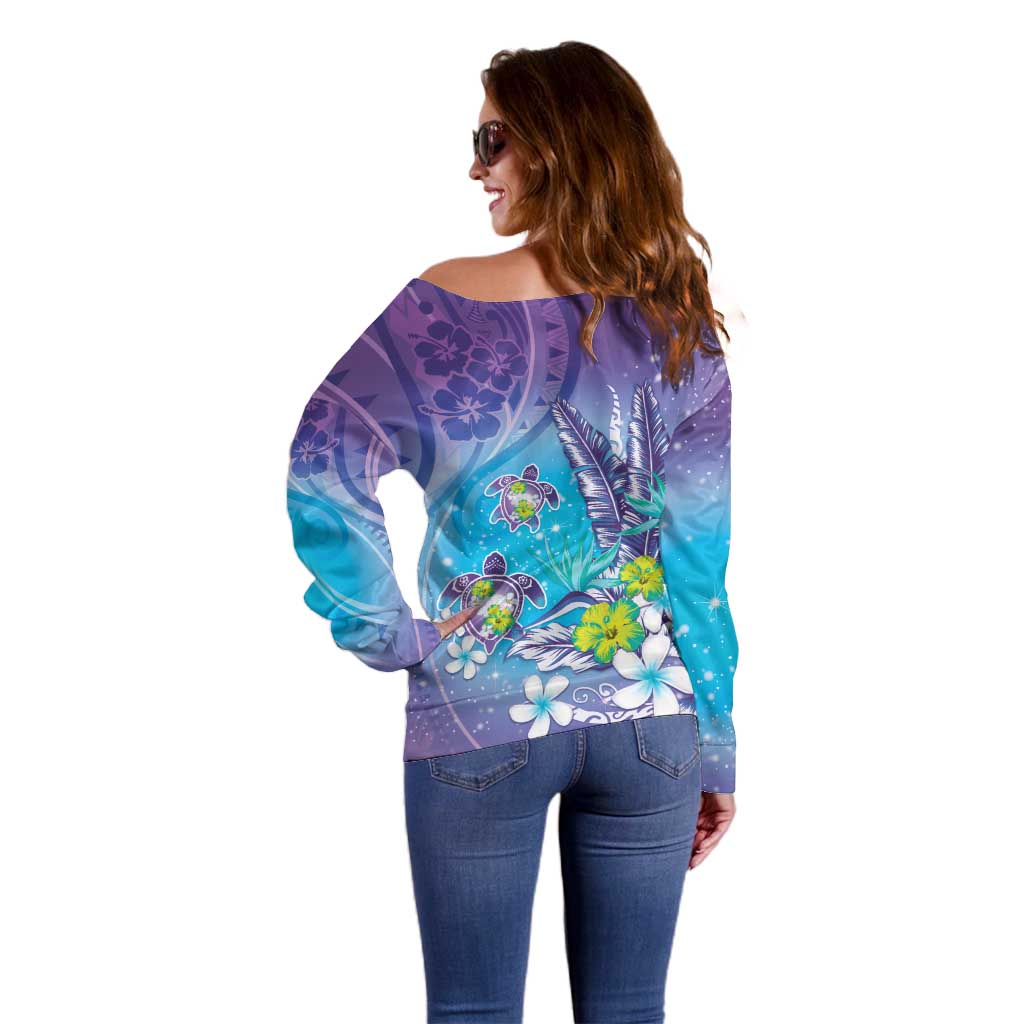 Hawaii Honu Off Shoulder Sweater Tropical Flowers Purple Gradient LT05 - Polynesian Pride