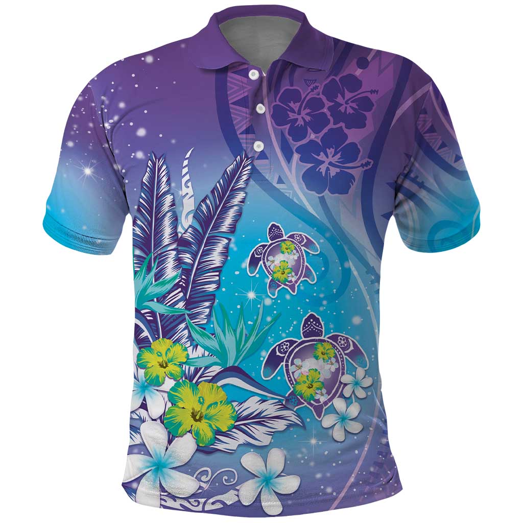 Hawaii Honu Polo Shirt Tropical Flowers Purple Gradient LT05 Purple - Polynesian Pride