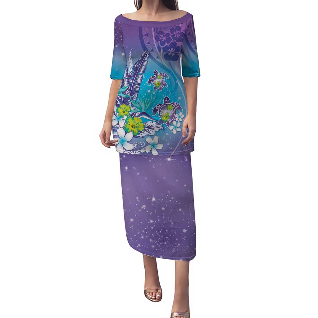 Hawaii Honu Puletasi - Tropical Flowers Purple Gradient LT05 Long Dress Purple - Polynesian Pride