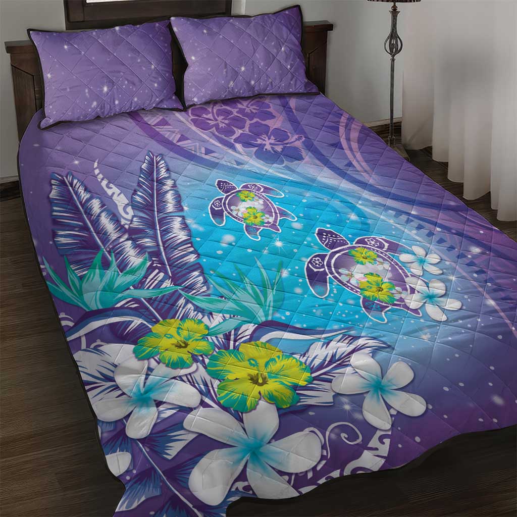Hawaii Honu Quilt Bed Set Tropical Flowers Purple Gradient LT05 Purple - Polynesian Pride