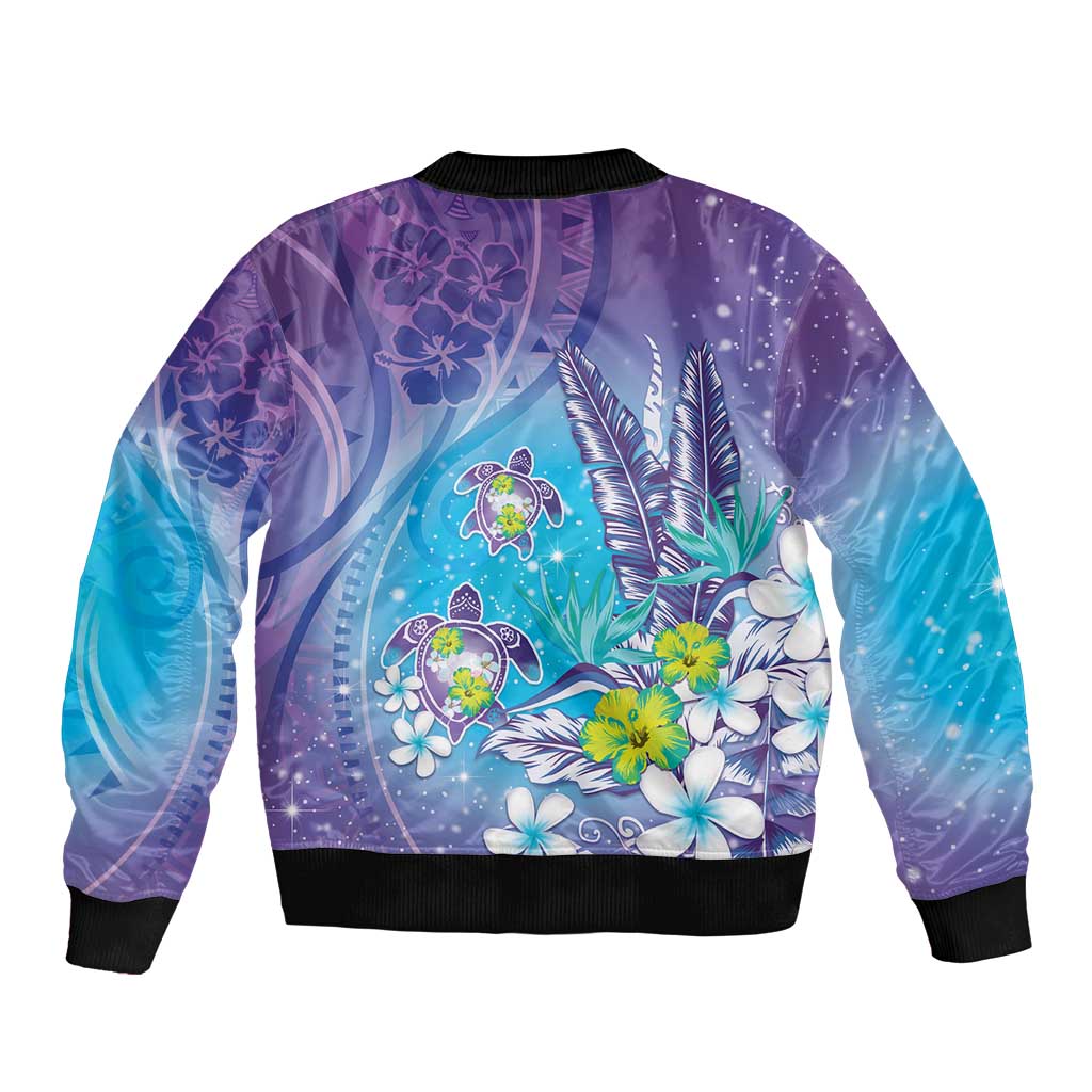Hawaii Honu Sleeve Zip Bomber Jacket - Tropical Flowers Purple Gradient LT05 - Polynesian Pride