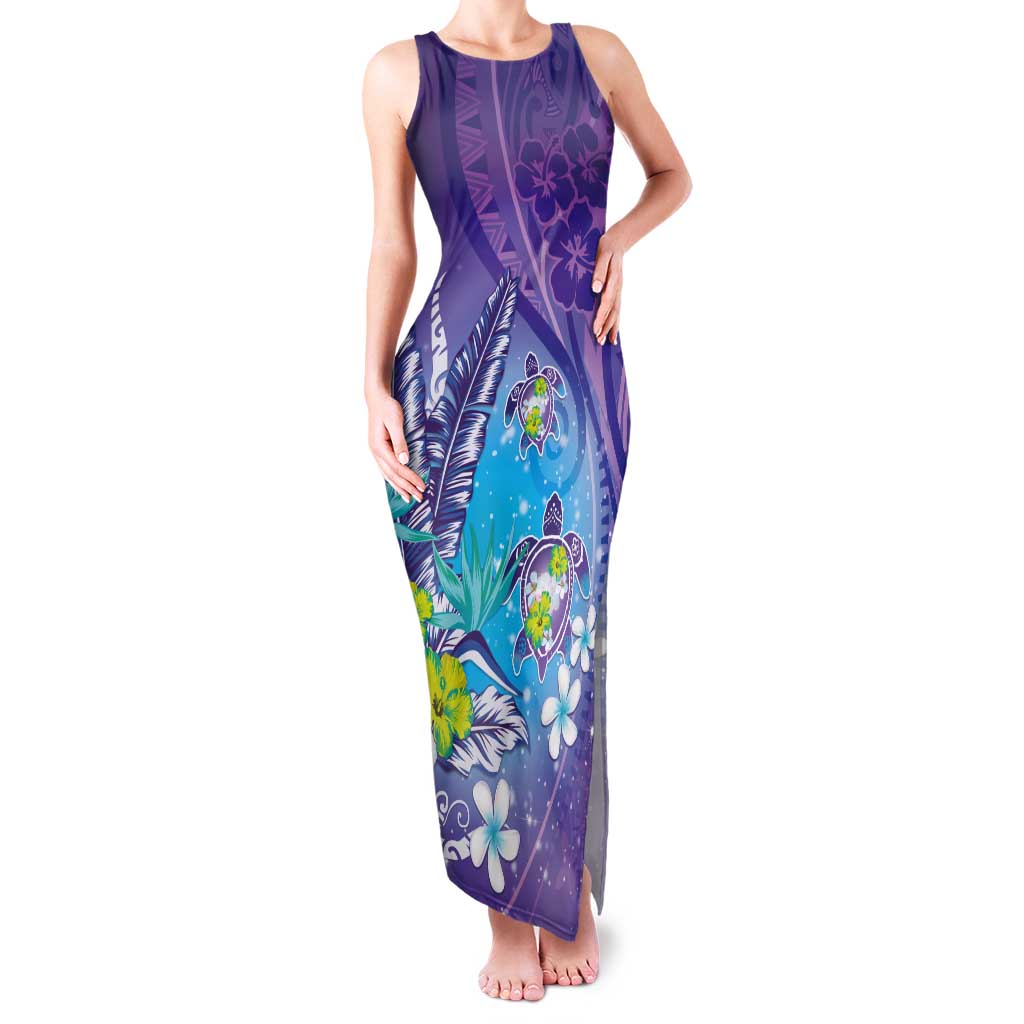 Hawaii Honu Tank Maxi Dress Tropical Flowers Purple Gradient