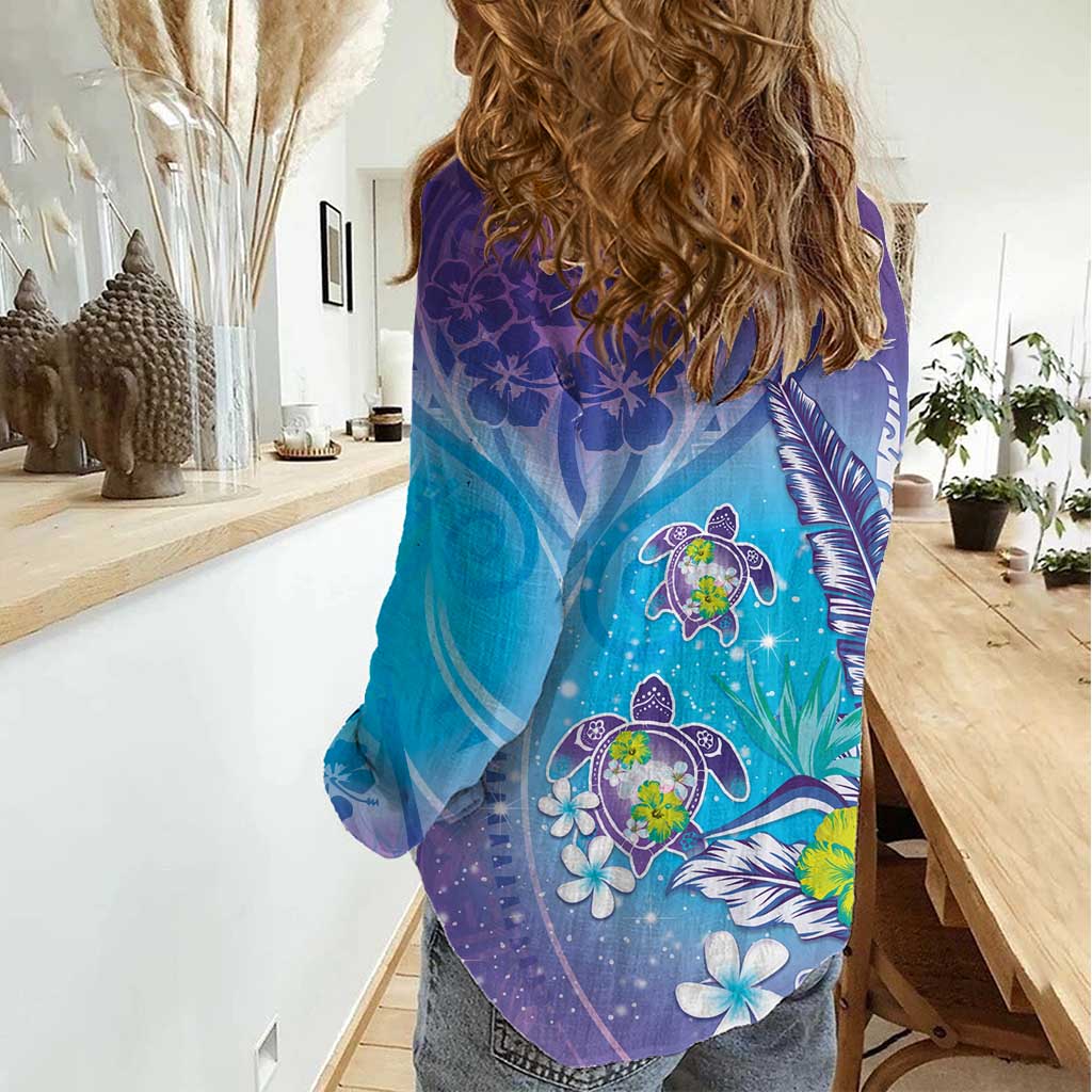 Hawaii Honu Women Casual Shirt Tropical Flowers Purple Gradient LT05 - Polynesian Pride