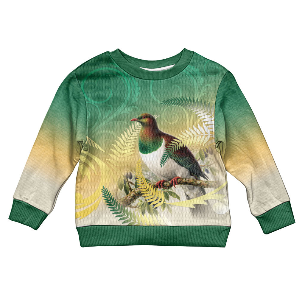 New Zealand Pigeon Kereru Kid Ugly Christmas Sweater Maori Fern Art Green Gradient LT05 Kid Green - Polynesian Pride