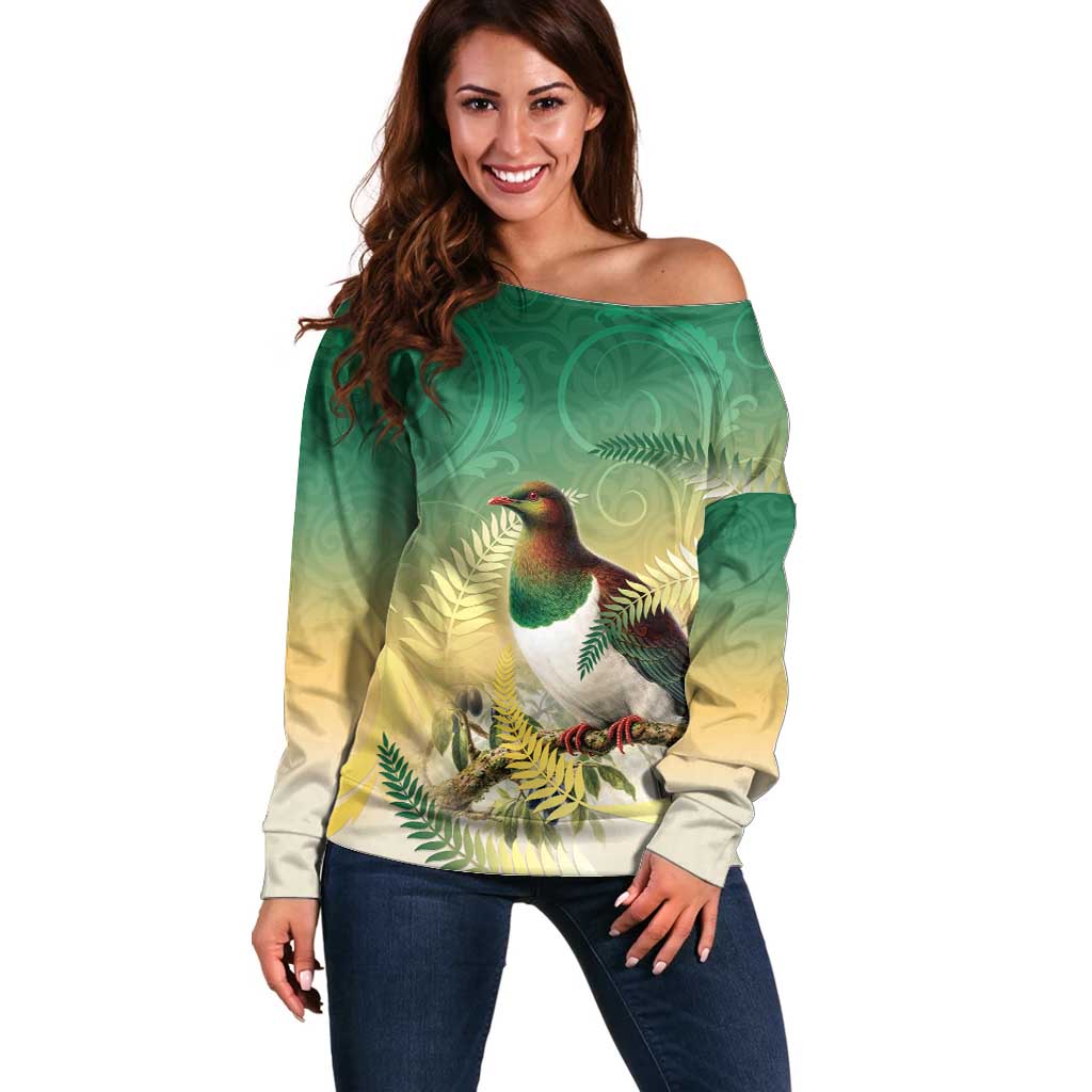 New Zealand Pigeon Kereru Off Shoulder Sweater Maori Fern Art Green Gradient LT05 Women Green - Polynesian Pride
