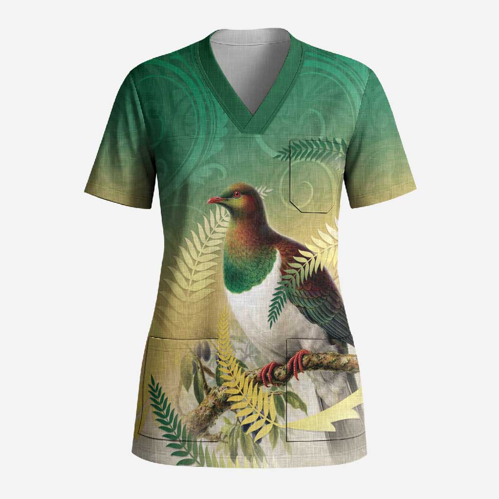 New Zealand Pigeon Kereru Scrub Top Maori Fern Art Green Gradient LT05 Adult Green - Polynesian Pride
