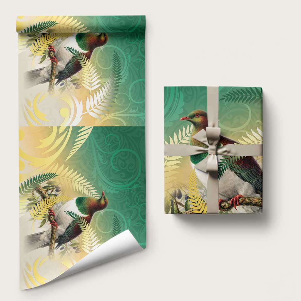 New Zealand Pigeon Kereru Wrapping Paper Maori Fern Art Green Gradient LT05 58" × 23" Green - Polynesian Pride