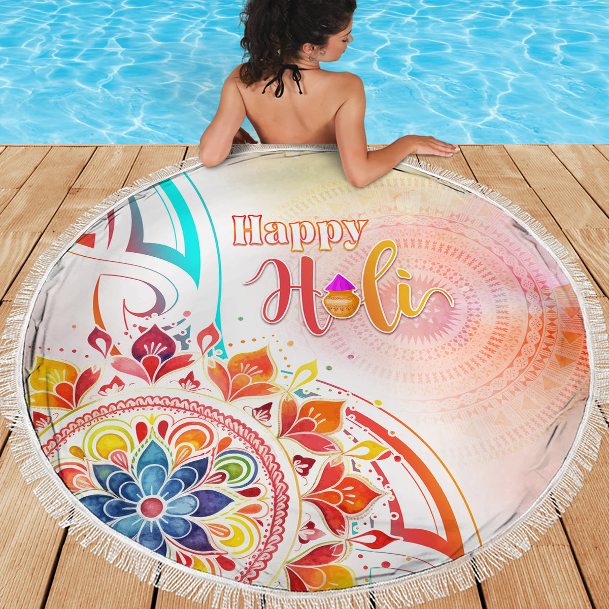 Happy Holi Festival Beach Blanket Rangoli With Polynesian Pattern LT05 - Polynesian Pride