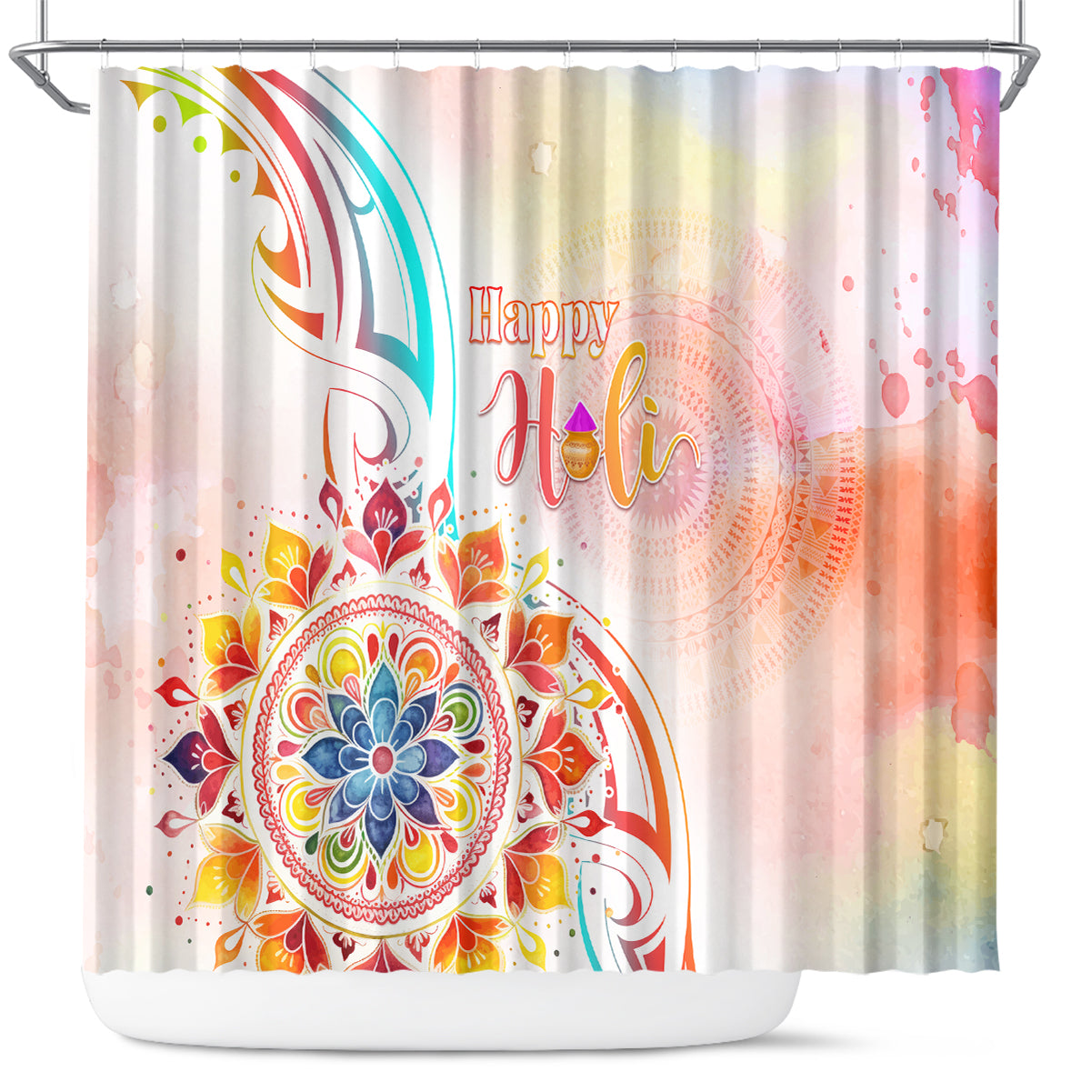 Happy Holi Festival Shower Curtain Rangoli With Polynesian Pattern LT05 White - Polynesian Pride