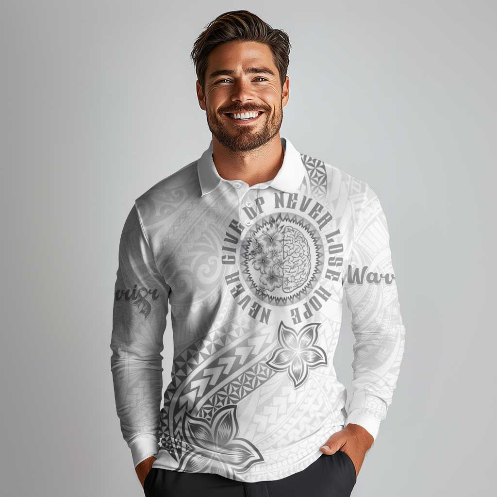 Brain Cancer Warrior Long Sleeve Polo Shirt Never Give Up LT05 - Polynesian Pride