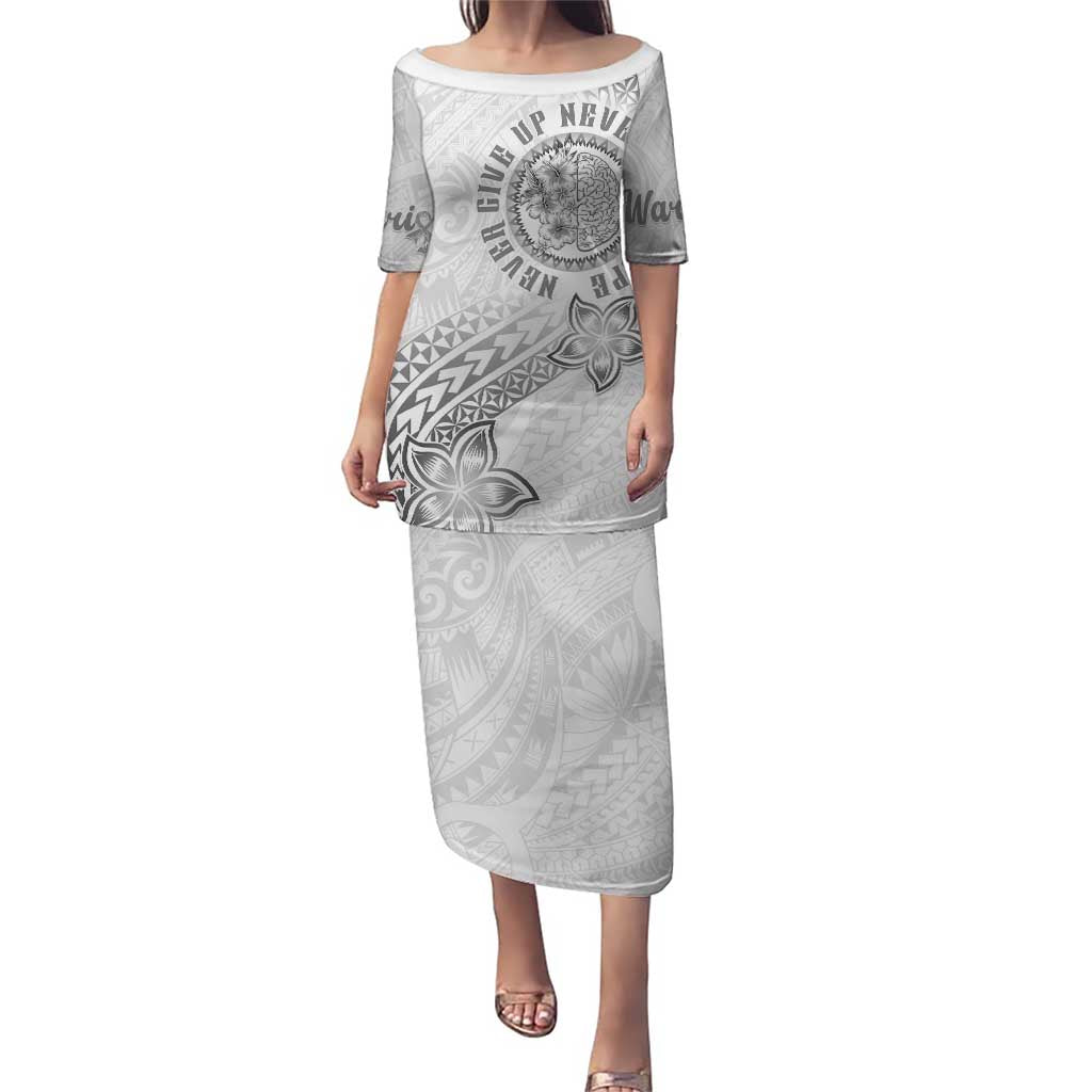 Brain Cancer Warrior Puletasi Never Give Up LT05 Long Dress White - Polynesian Pride