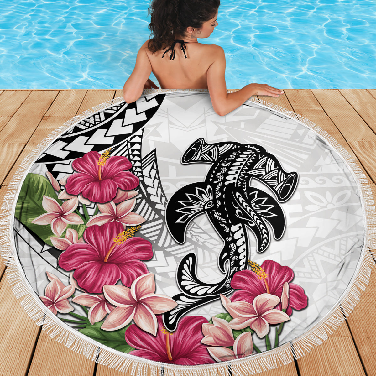 White Polynesian Hammerhead Shark Tribal Pattern Beach Blanket LT05 - Polynesian Pride