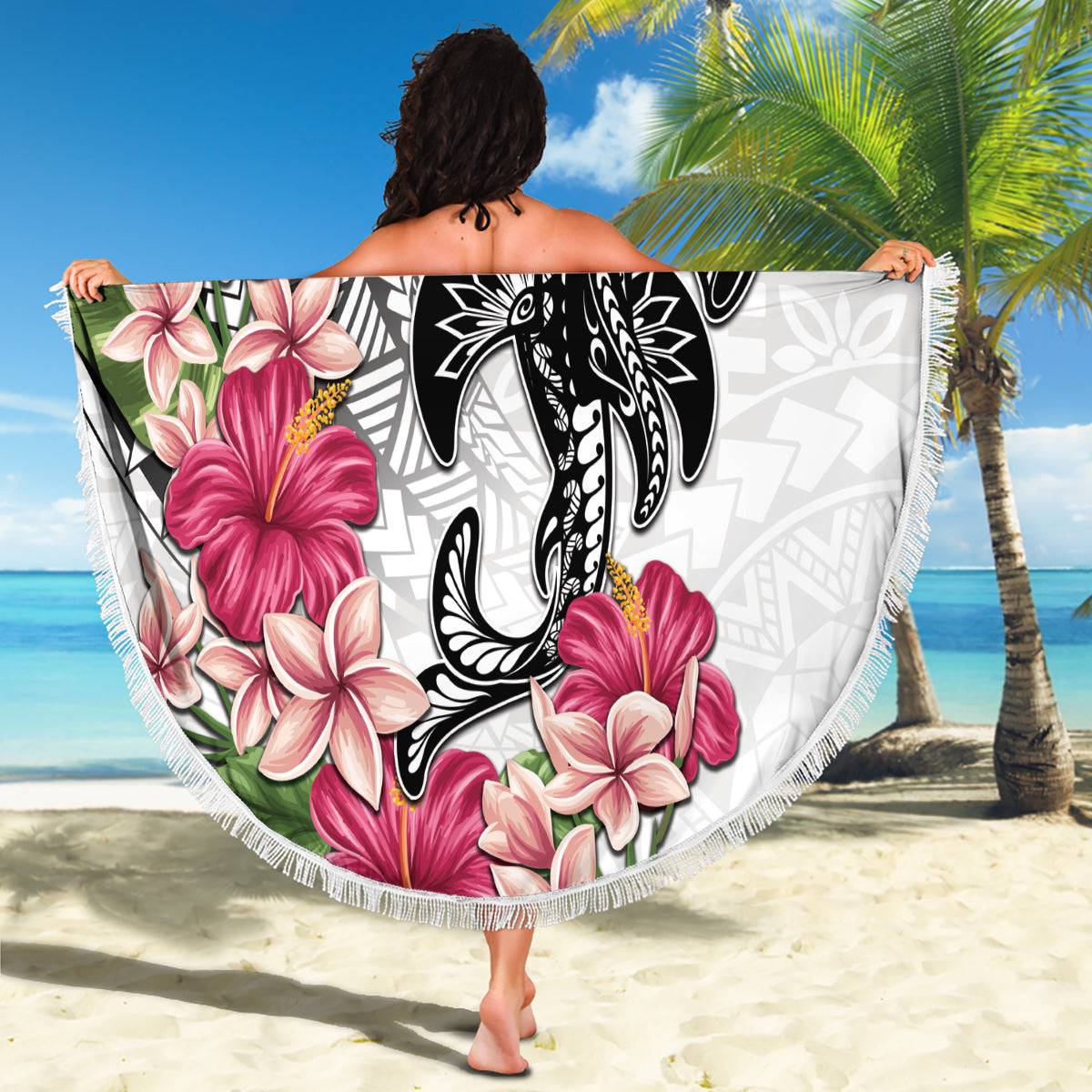White Polynesian Hammerhead Shark Tribal Pattern Beach Blanket LT05 - Polynesian Pride