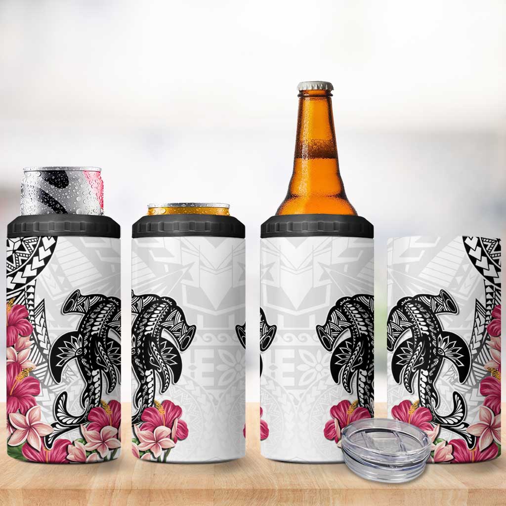 White Polynesian Hammerhead Shark Tribal Pattern 4 in 1 Can Cooler Tumbler LT05 - Polynesian Pride