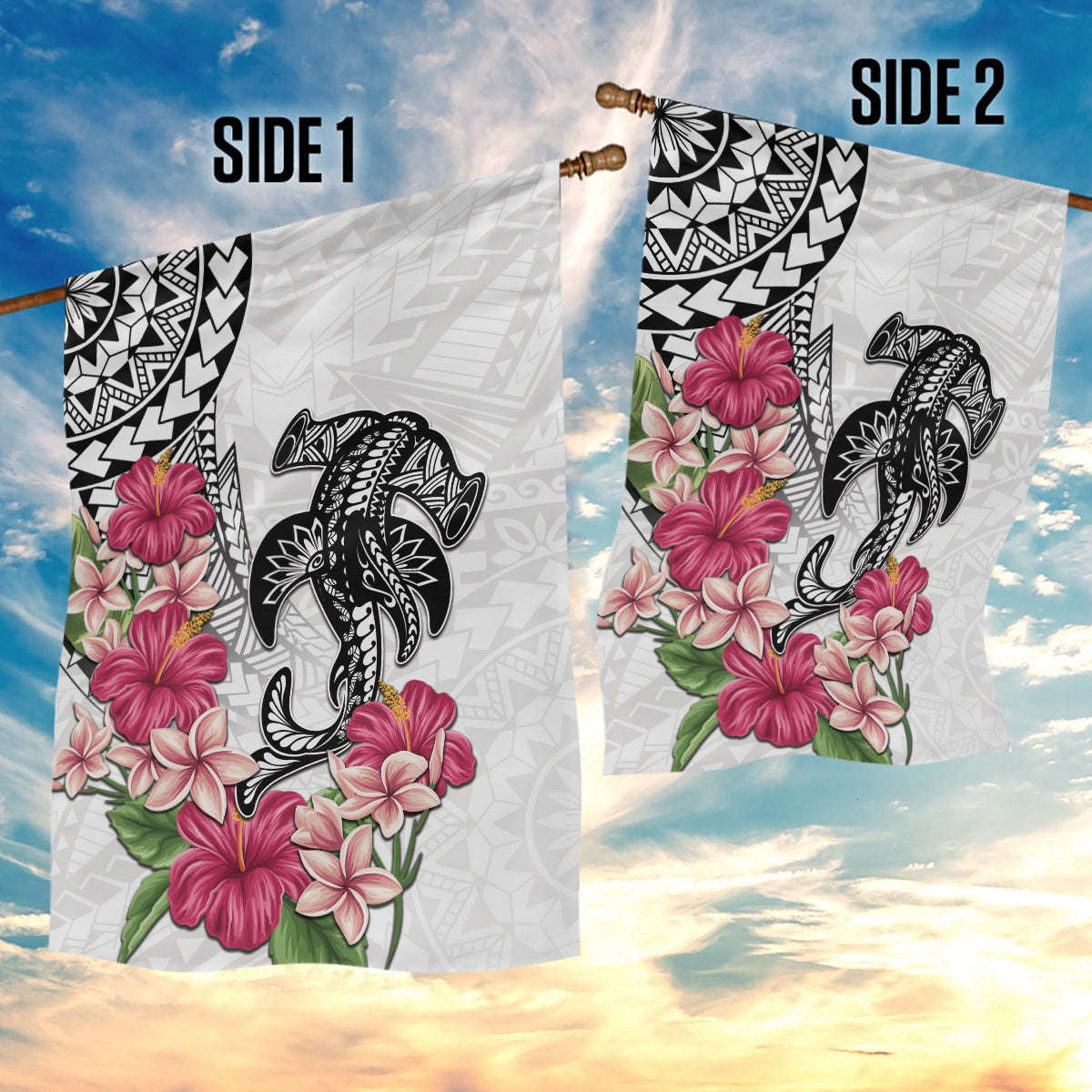 White Polynesian Hammerhead Shark Tribal Pattern Garden Flag LT05 - Polynesian Pride