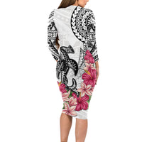 White Polynesian Hammerhead Shark Tribal Pattern Long Sleeve Bodycon Dress LT05 - Polynesian Pride