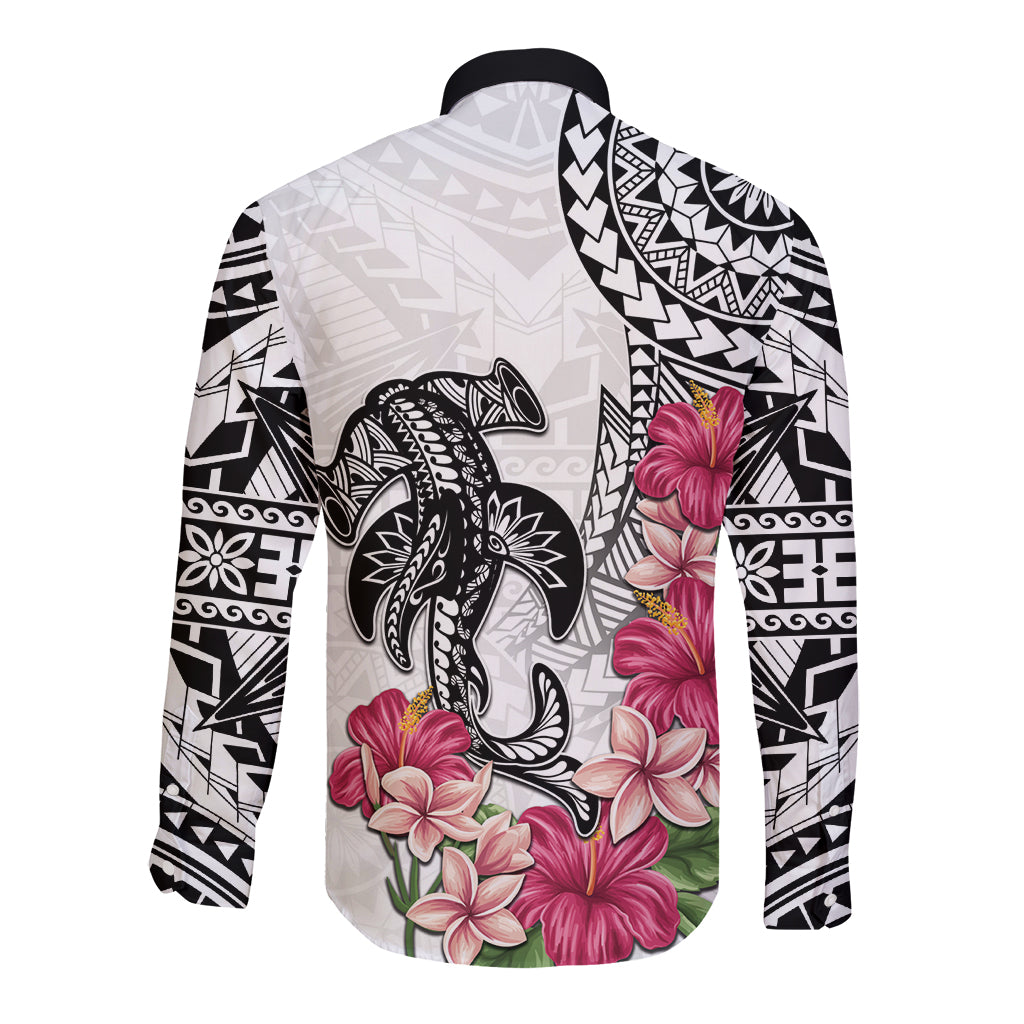 White Polynesian Hammerhead Shark Tribal Pattern Long Sleeve Button Shirt LT05 - Polynesian Pride
