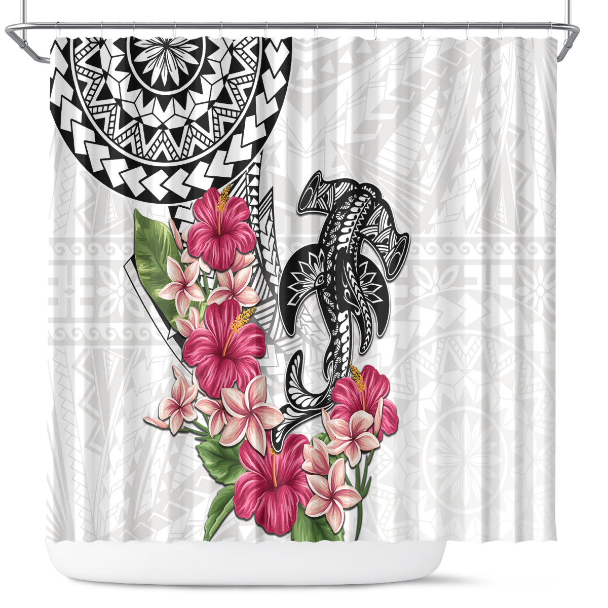 White Polynesian Hammerhead Shark Tribal Pattern Shower Curtain LT05 White - Polynesian Pride